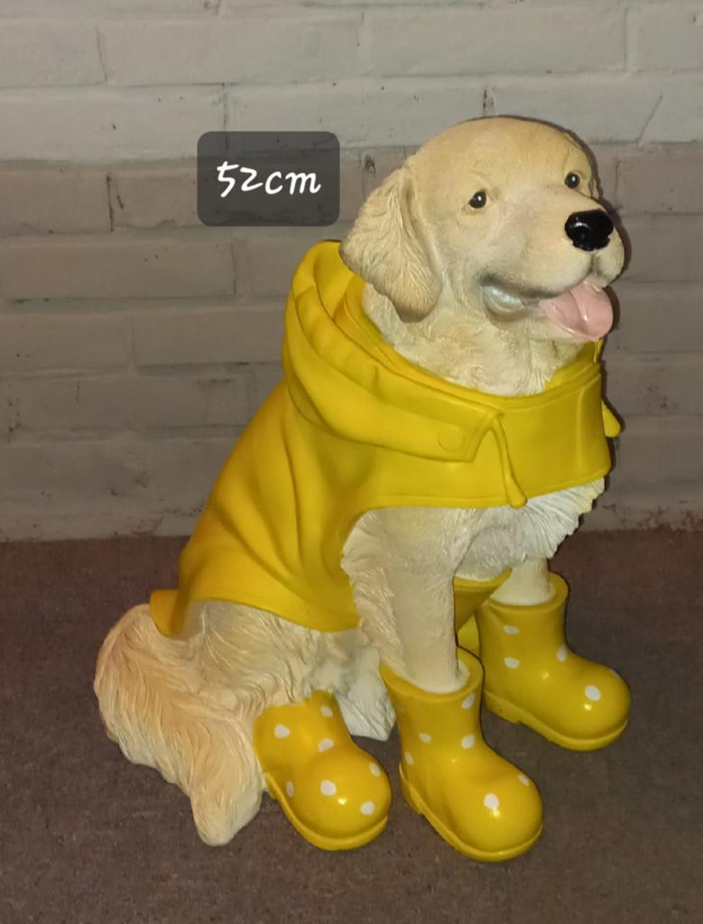 Hond beeld met gele regenjas en laarzen - 52cm, Ophalen, Overige stijlen, Kunststof, Zo goed als nieuw