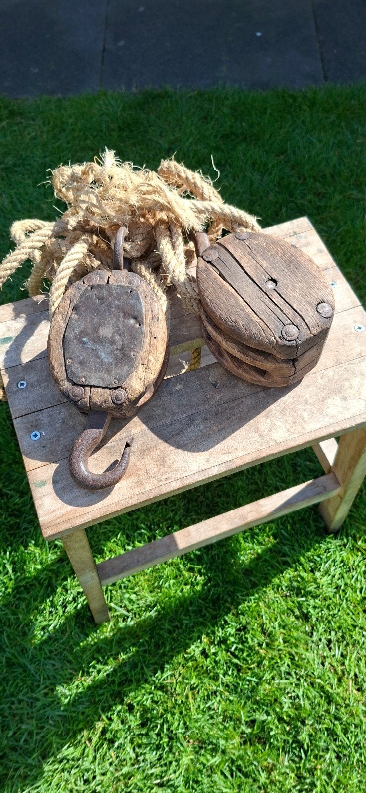 Antieke houten katrollen met touw - Maritieme decoratie, Ophalen