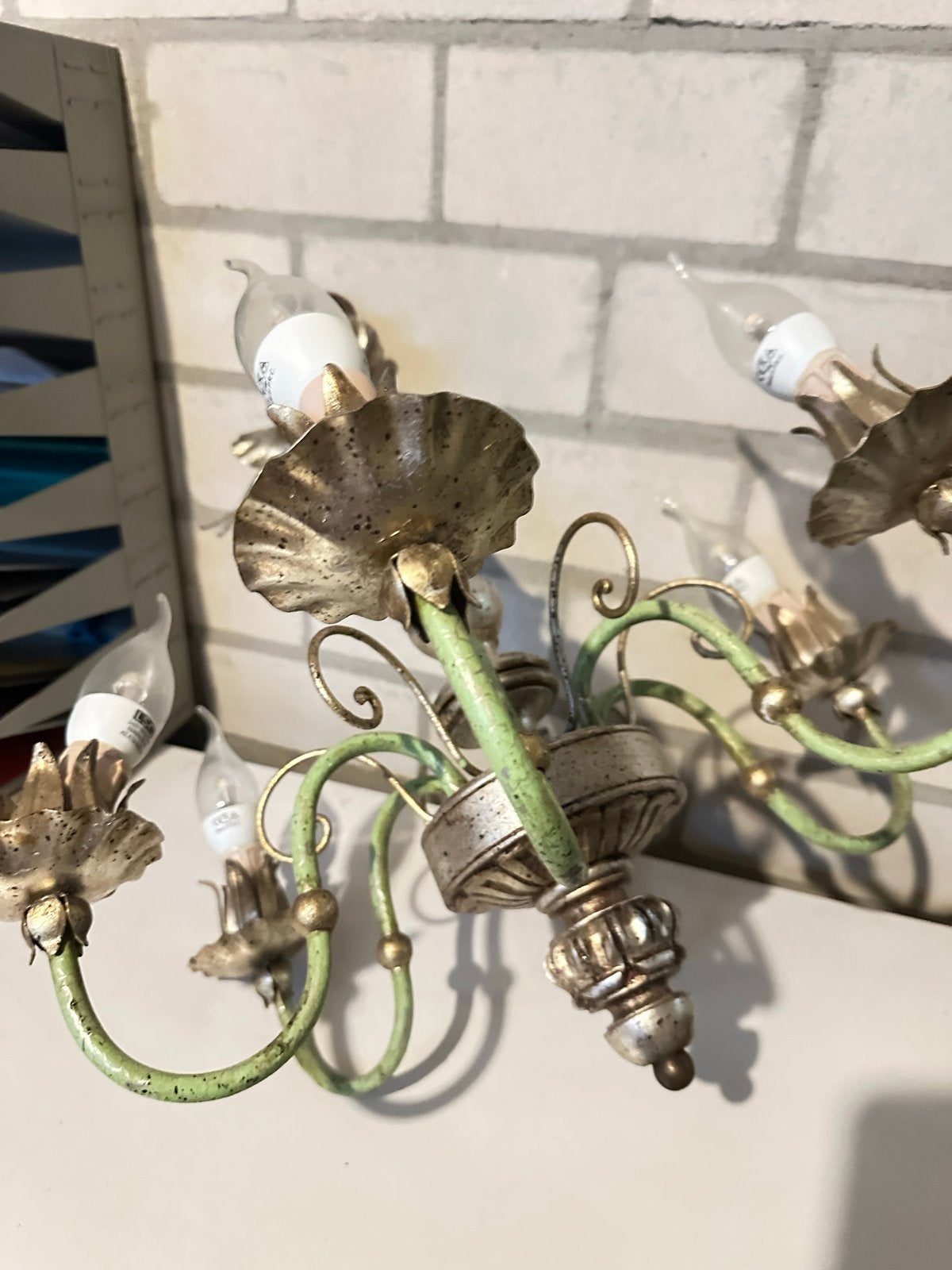 Vintage Kroonluchter met 5 Lichtpunten - Groen/Goud, Antiek en Kunst, Ophalen