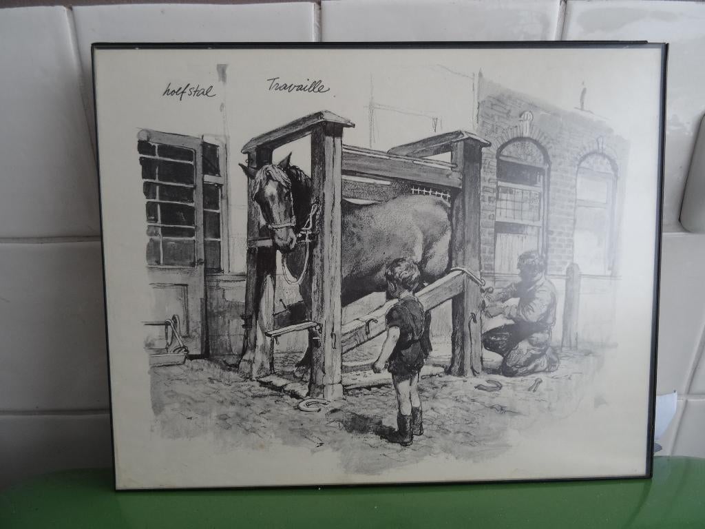 Oude prent smid smederij met hoefsmid en paard, Ophalen, Voor 1940, Gebruikt, Overige onderwerpen