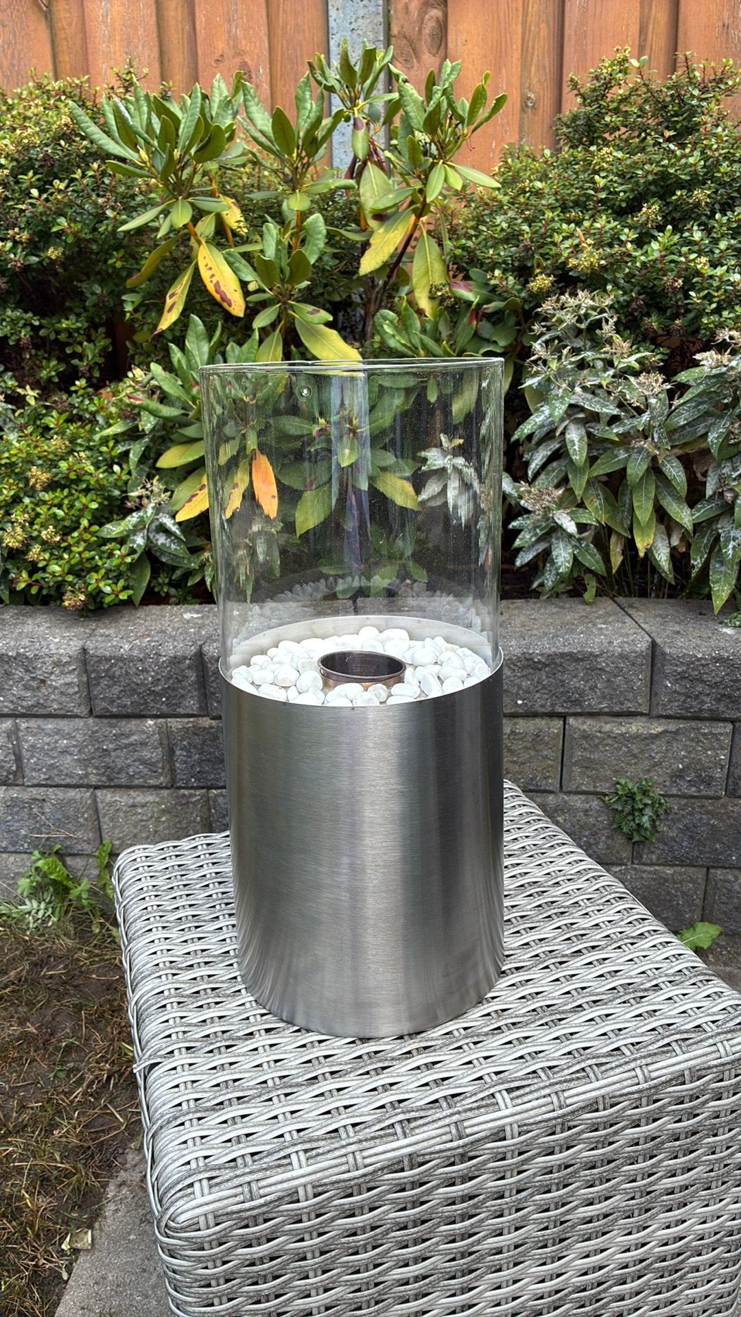 Tafelhaard tuinhaard bio ethanol. Rond Rvs en glas. H 40 cm, Ophalen, Gebruikt