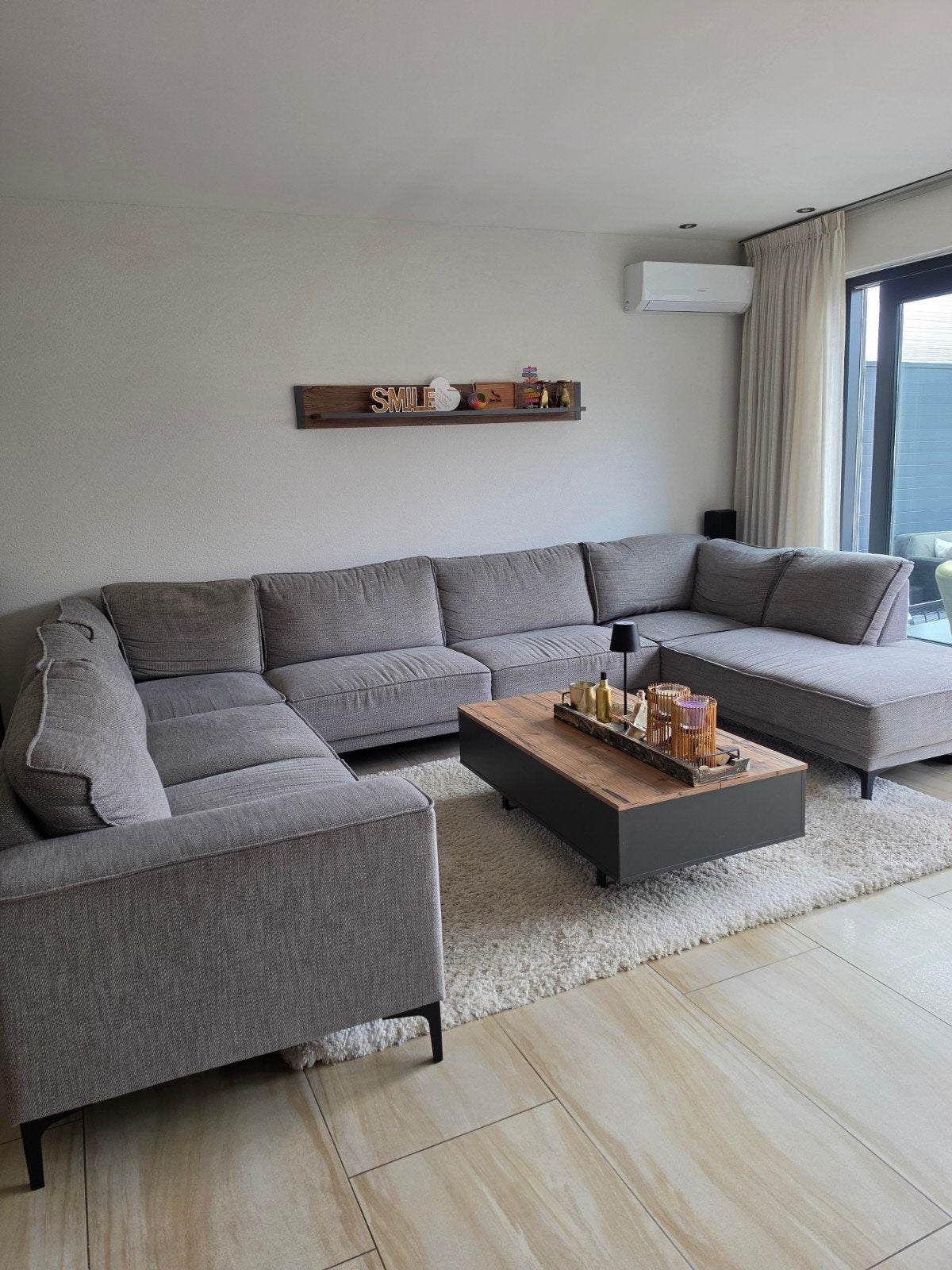 Grote grijze hoekbank met chaise longue, Ophalen, Gebruikt, Stof, Modern