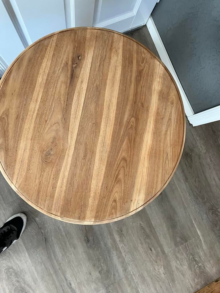 Uniek Teakhouten Bijzettafeltje - Rond en Robuust, Minder dan 55 cm, Gebruikt, Rond, Hout