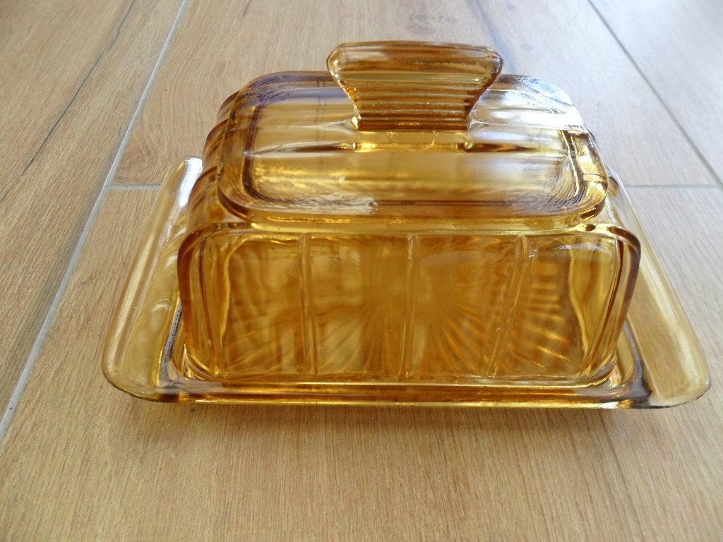 art deco Leerdam botervloot amberkleurig, Ophalen of Verzenden