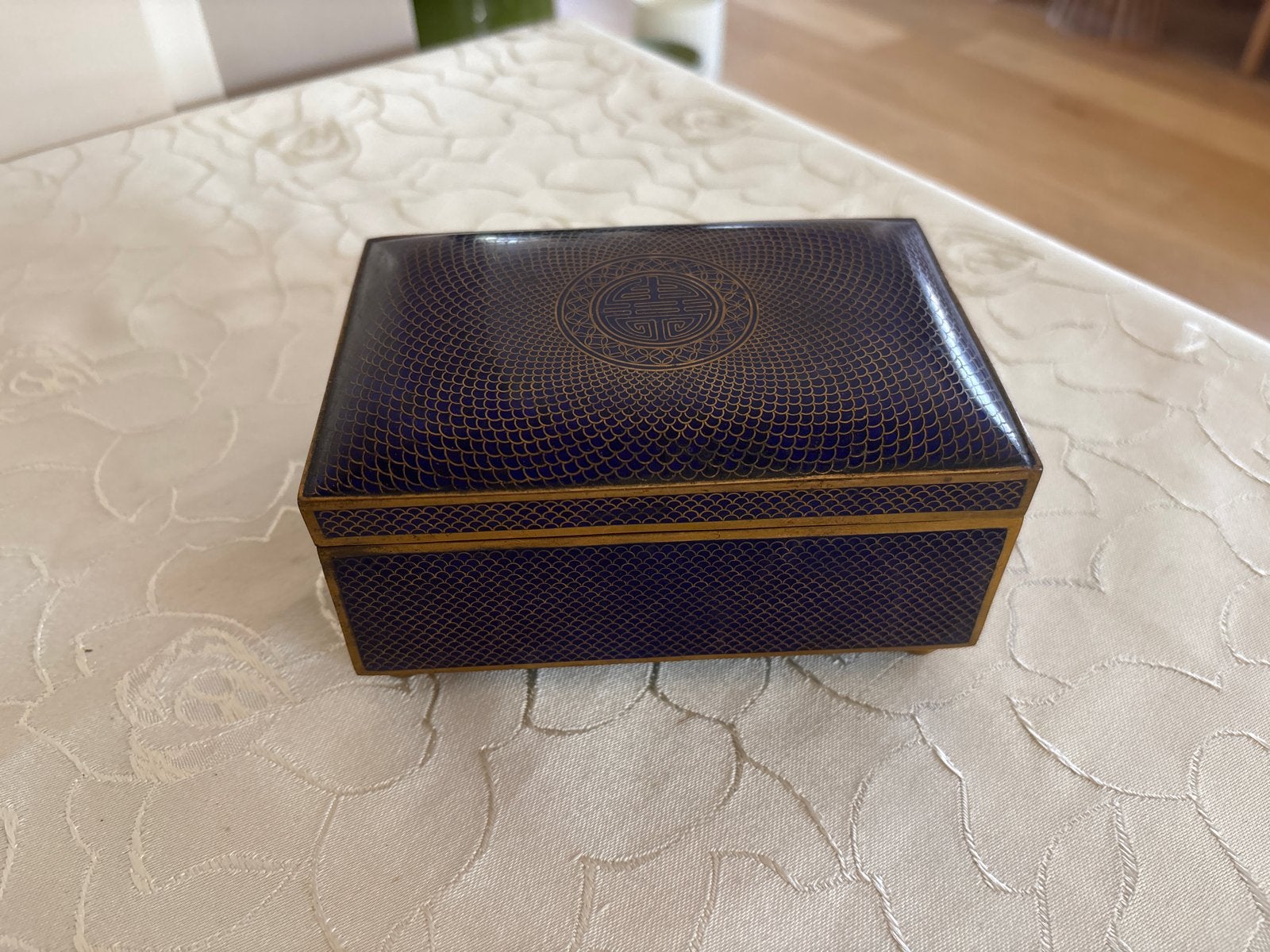 Antieke Chinese Cloisonné Doosje - Blauw met Gouden Patroon, Ophalen of Verzenden