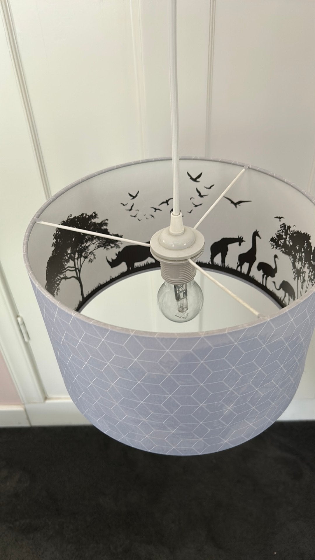 Safarilamp licht grijs kinderkamer hanglamp, Hanglamp, Rond, Ophalen of Verzenden, Zo goed als nieuw