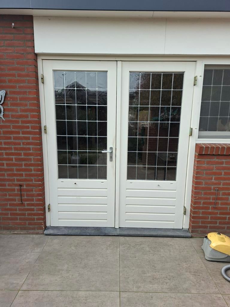 Te koop tuindeuren + zijraam met glas in lood ramen, Doe-het-zelf en Verbouw, Kozijnen en Schuifpuien, Ophalen, Gebruikt, Deurkozijn