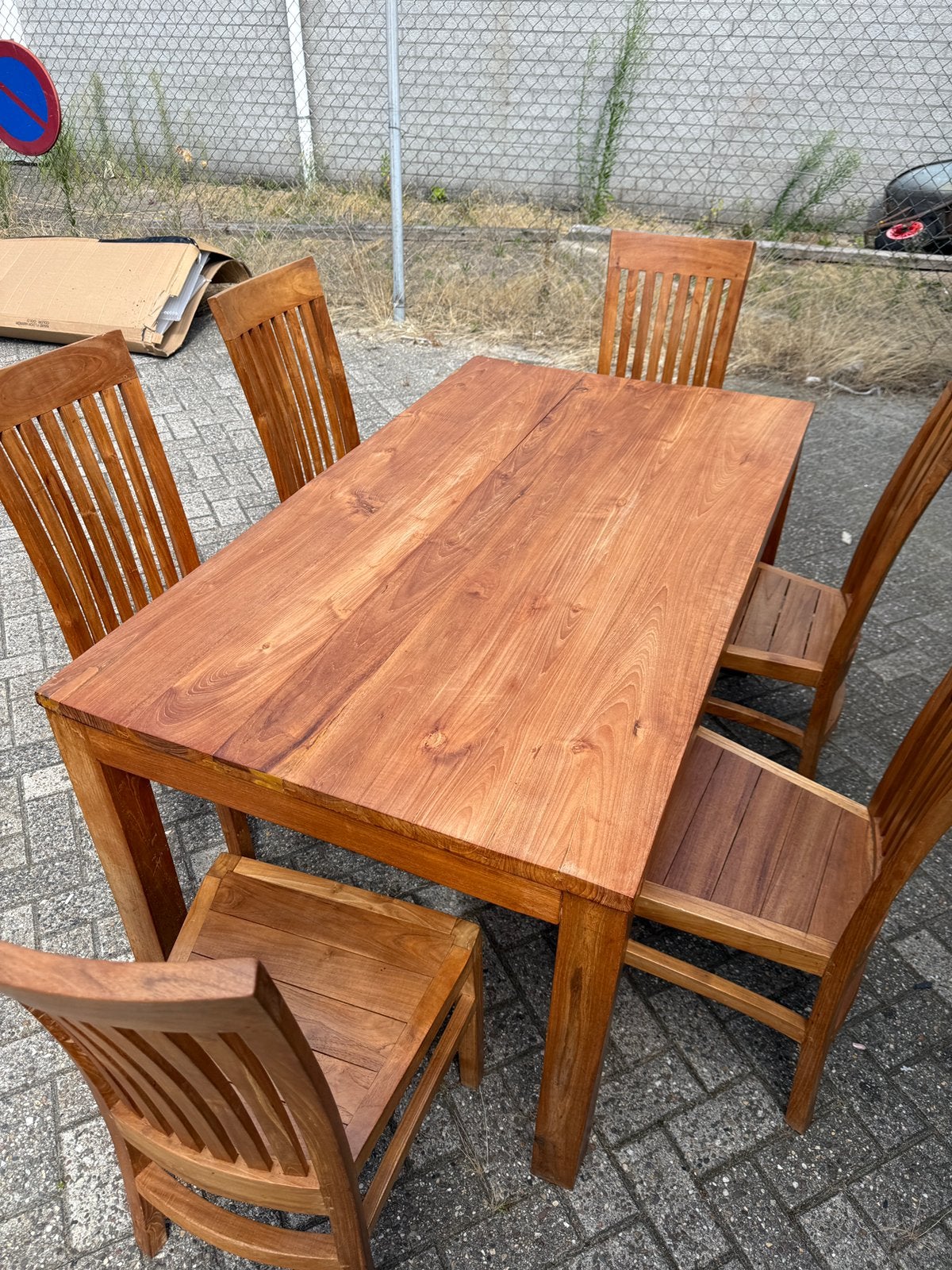 Massief Houten Eettafel + 6 Stoelen | Teakhout, Ophalen, Zo goed als nieuw, 4 tot 6 stoelen