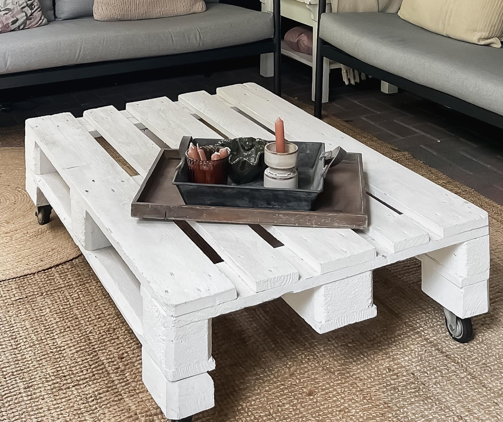 Pallettafel op wielen, Huis en Inrichting, Tafels | Salontafels, Ophalen, Gebruikt, 100 tot 150 cm, 50 tot 100 cm