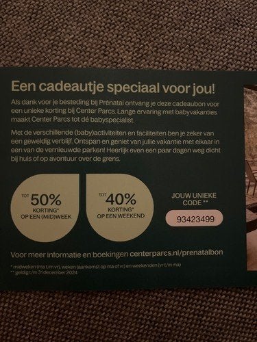 prenatal kortingscode voor Center Parcs gezocht