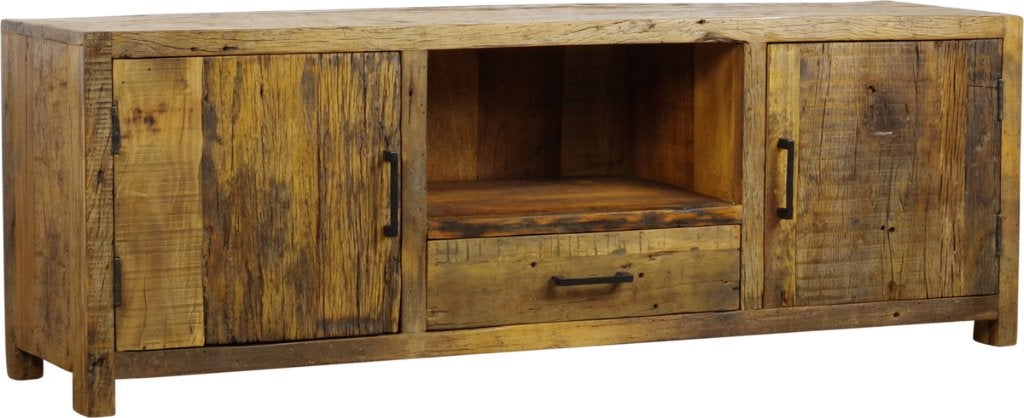 TV meubel 160 cm breed massief Oud hout voorraad actie, TV meubel 160cm br massief Oud hout voorraad snelle levering, 1 of 2 laden