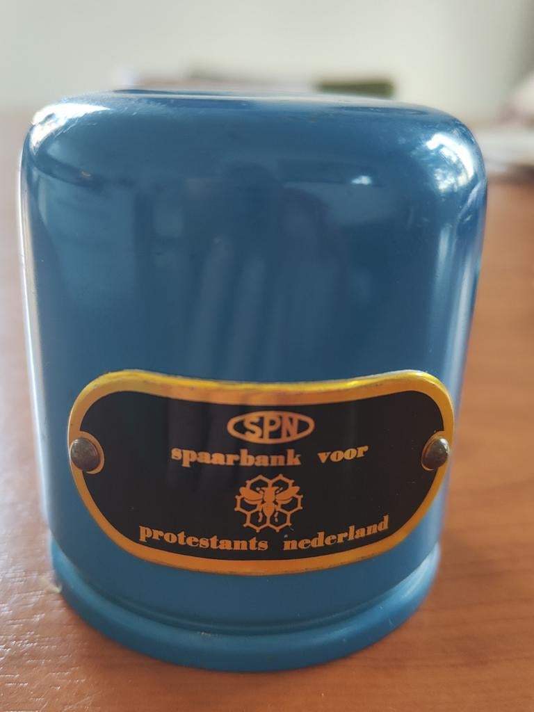 Spaarpot SPN Spaarbank voor Protestants Nederland blauw 7276, Ophalen of Verzenden, Gebruikt, Metaal of Blik, Overige thema's