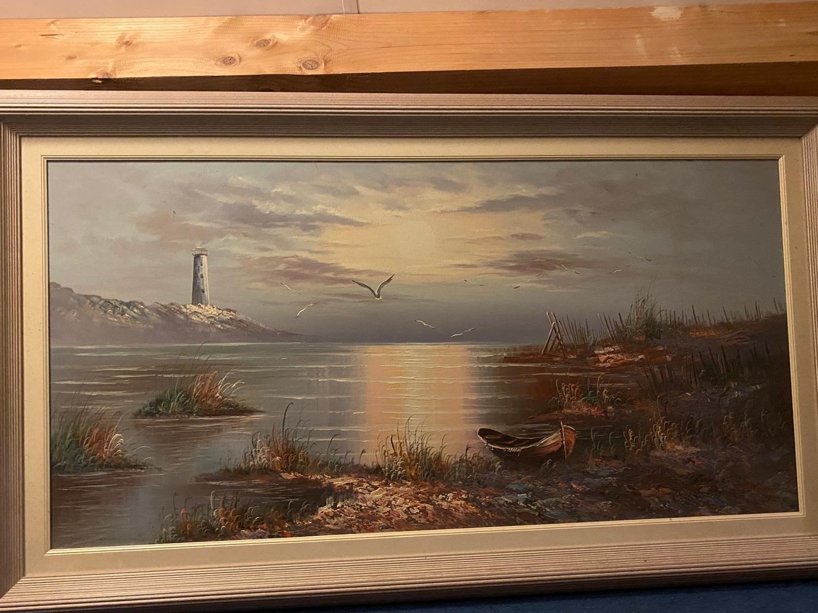 Schilderij Maritiem Landschap met Vuurtoren en Zonsondergang, Ophalen, Maritiem / water, Doek, Realistisch