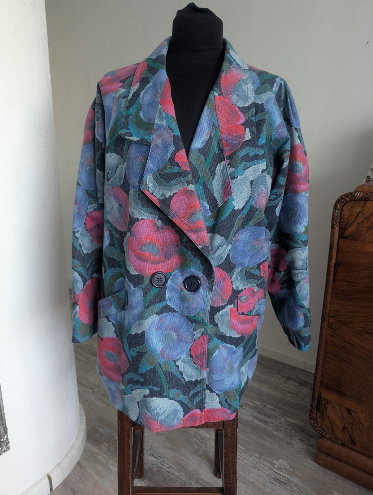 Vintage jas met bloemenprint, Ophalen of Verzenden, Zo goed als nieuw, Maat 36 (S), Blauw