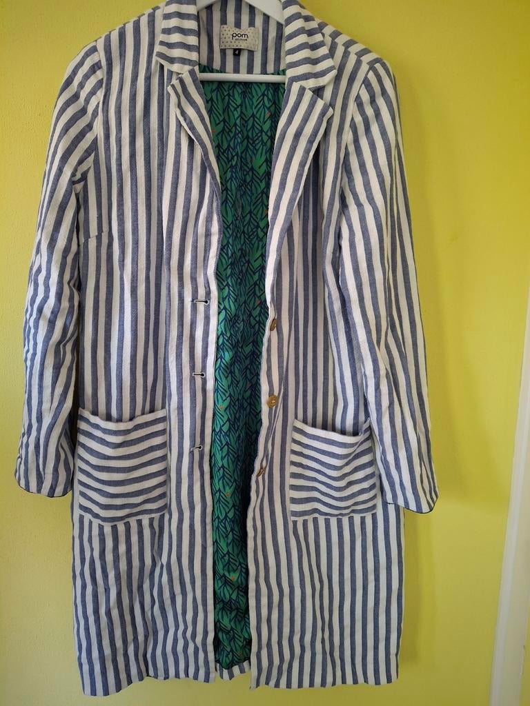 Pom Amsterdam lange blazer jas blauw wit gestreept mt 38 40, Maat 38/40 (M), Blauw, Ophalen of Verzenden, Jasje