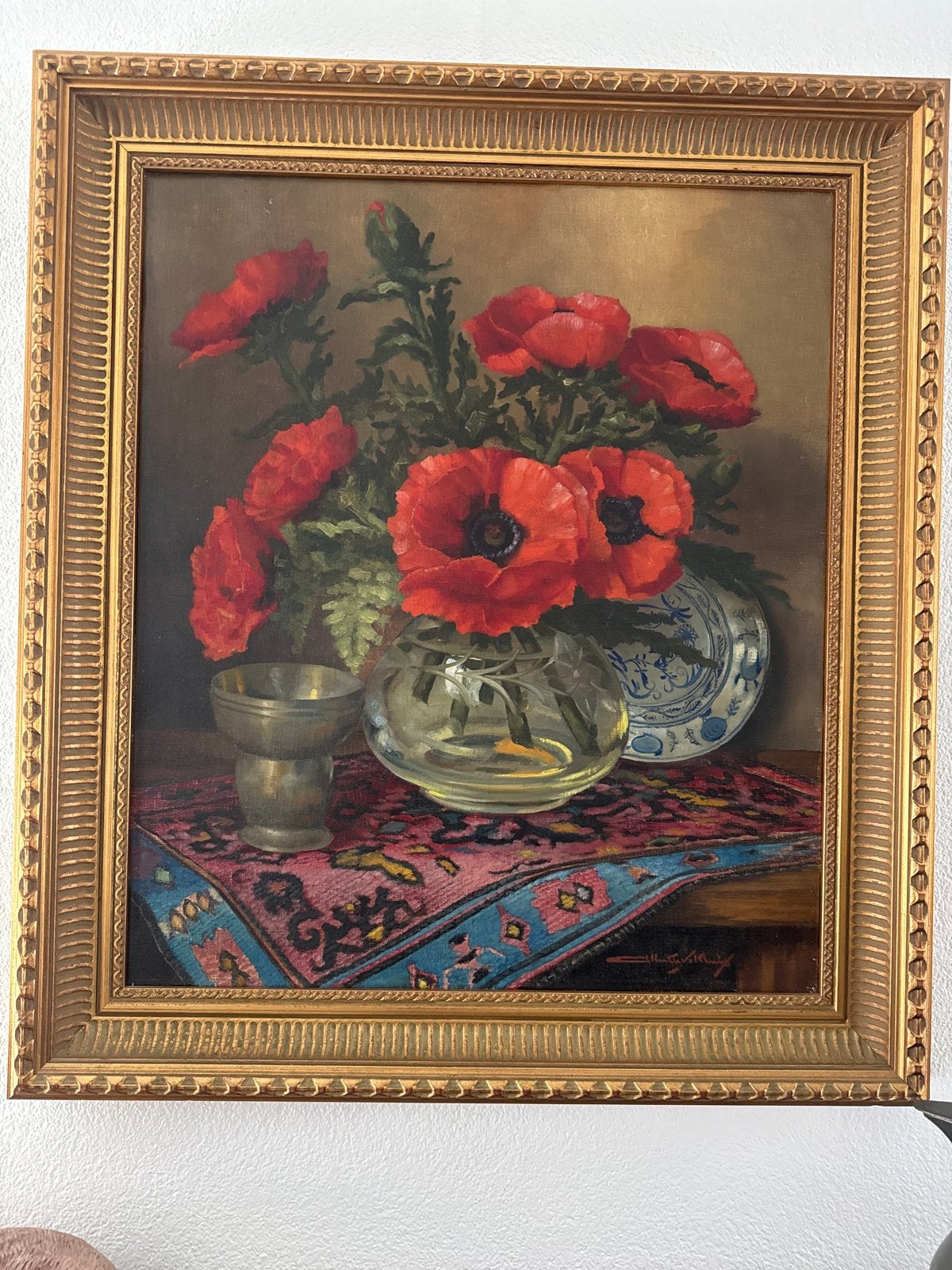 Prachtig olieverfschilderij: Stilleven met klaprozen, Doek, Realistisch, Stilleven, Ophalen of Verzenden