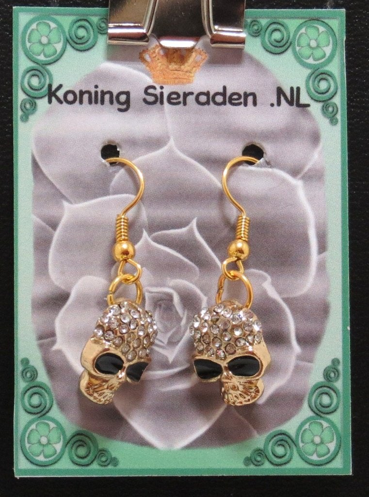 Doodshoofd Oorbellen met Strass en Emaille Goudkleurig, Marktplaats@koningsieraden.nl, Overige materialen, Hangers, Verzenden