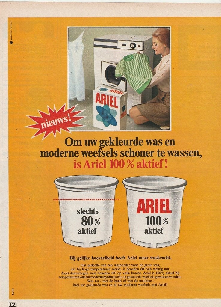 Retro reclame 1969 Ariel wasmiddel draagkoffer wasmachine, Verzenden, Overige typen