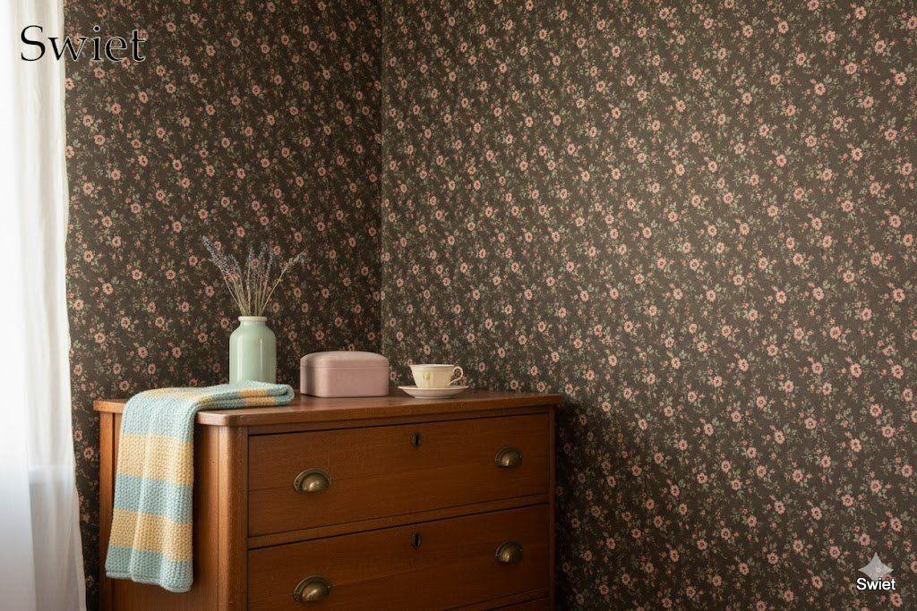 6682 bruin bloemenbehang met roze bloemetjes swiet , Verzenden, Roze