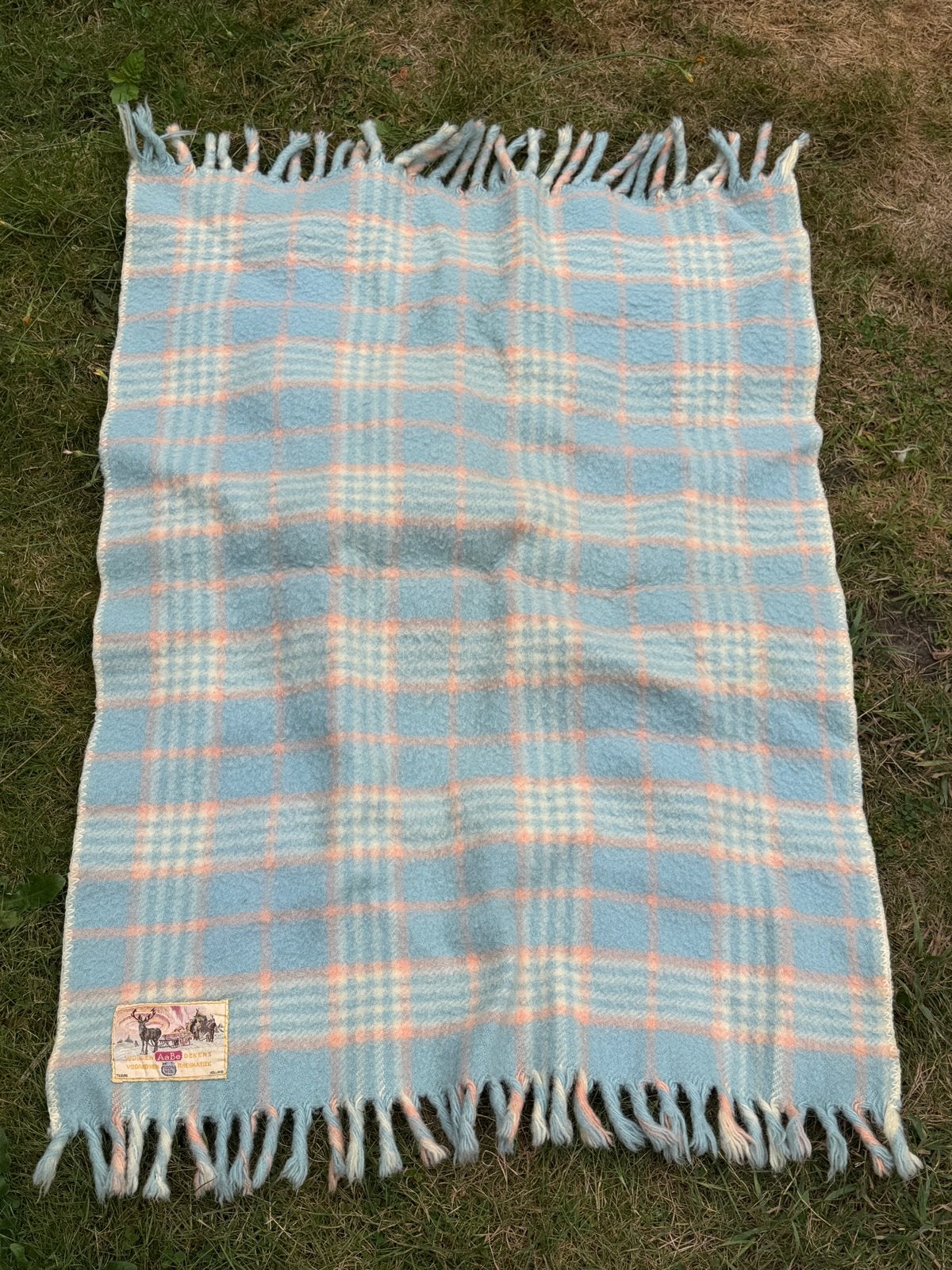 Vintage wollen deken AaBe, blauw/roze geruit, Gebruikt, Wol, Met franjes/kwastjes, Ophalen of Verzenden