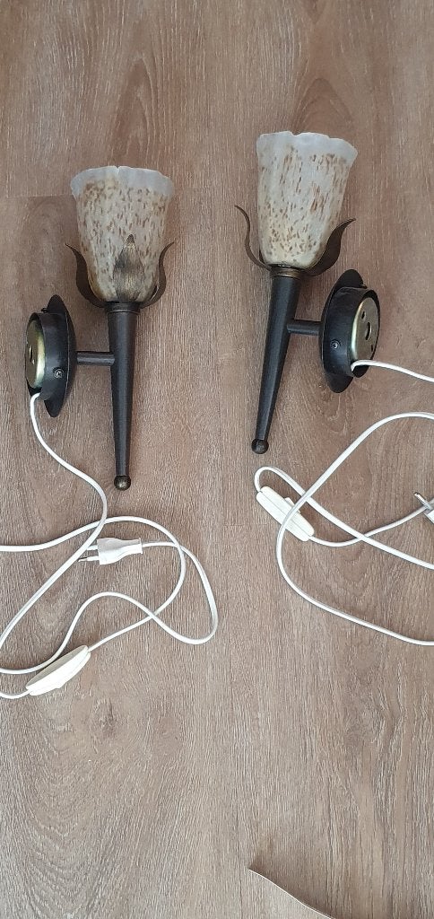 2 wandlampjes als torch 28 cm., Ophalen of Verzenden, Glas, Wandlamp, Gebruikt