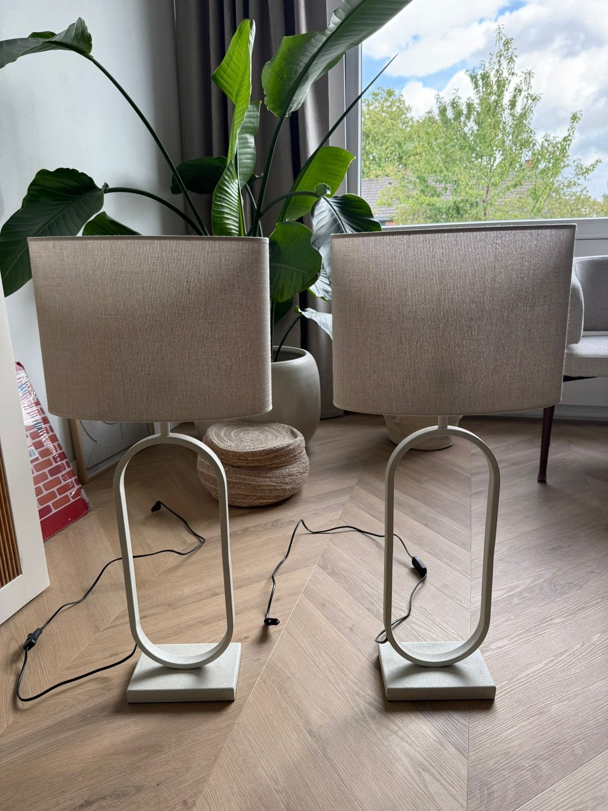 2x Light & Living Jamiri tafellamp wit/crème met linnen kap, 55 cm, Metaal, Ophalen, Beige