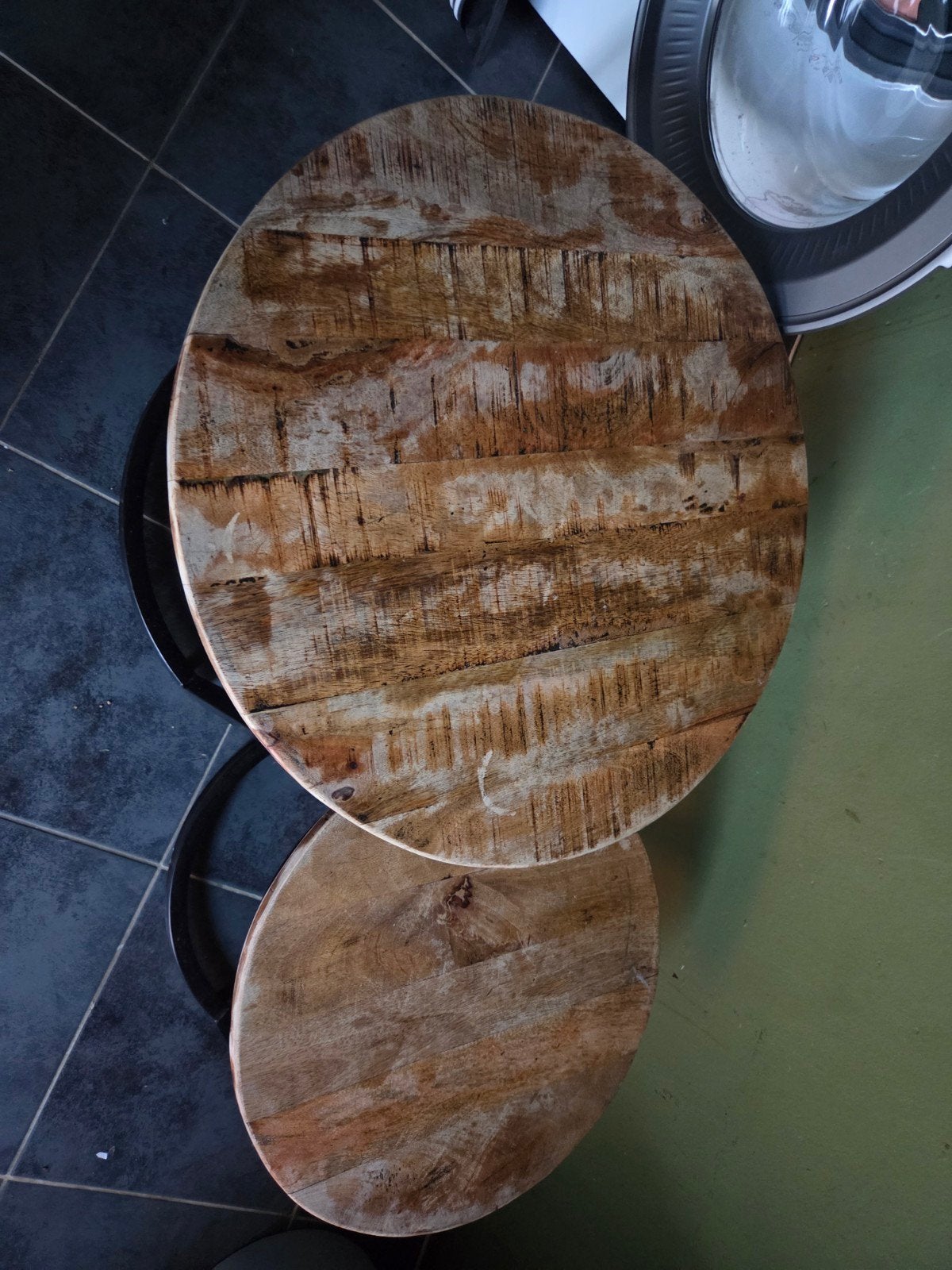 Set van 2 houten salontafels mango, 45 tot 60 cm, Gebruikt, Rond, Industrieel