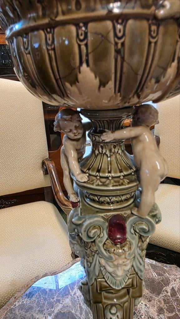 Grote Majolica Porseleinen Olielamp met Handgeschilderde Kap, Antiek en Kunst, Ophalen of Verzenden