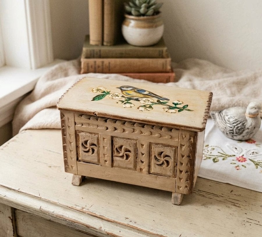 Vintage Wooden Jewelry Box | Hand Painted Blue Tit Bird Box, Ophalen of Verzenden