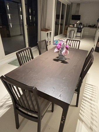 IKEA EKEDALEN dining table 6-8 seater + chairs, Ophalen, Eikenhout, 200 cm of meer, 50 tot 100 cm