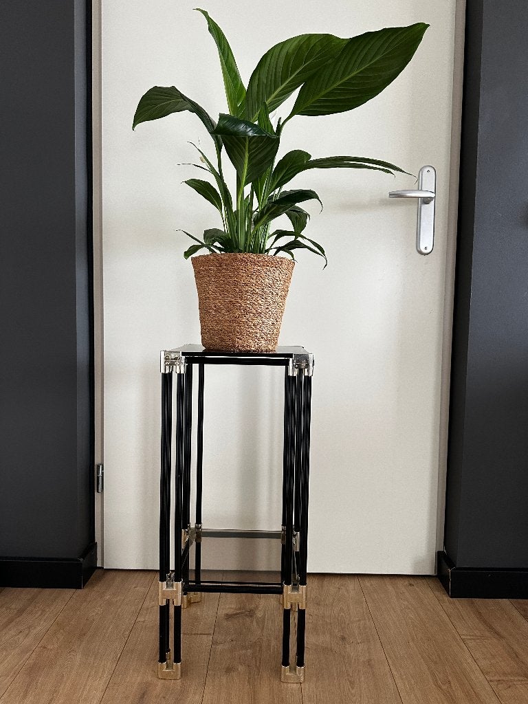 Vintage glazen metaal plantenstandaard bijzet tafel, Ophalen, Minder dan 55 cm, 60 cm of meer, Rechthoekig