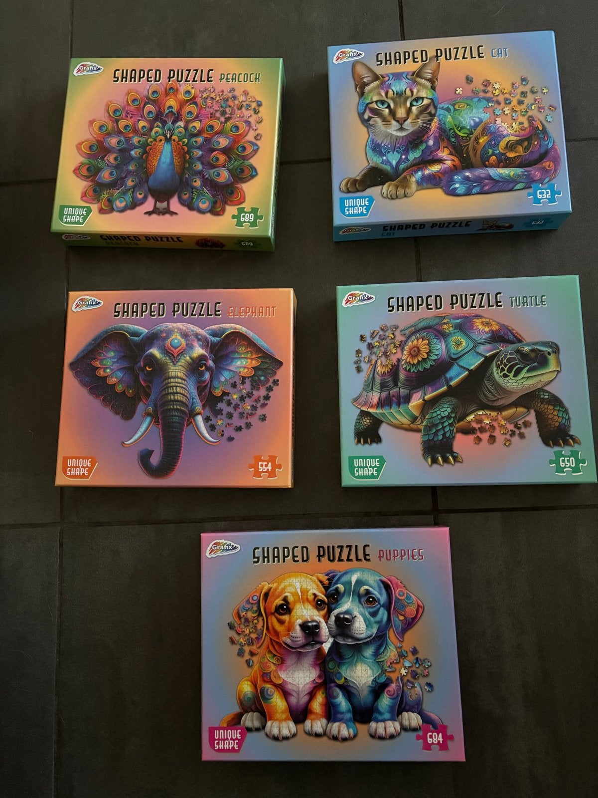 Grafix Shaped Puzzels: Pauw, Kat, Olifant, Schildpad, Puppy', Ophalen, 500 t/m 1500 stukjes, Zo goed als nieuw, Legpuzzel