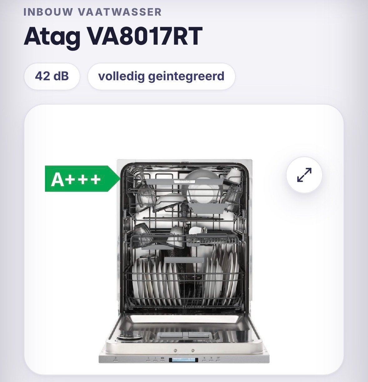 Atag VA8017RT Inbouw Vaatwasser A+++ 42 dB, Witgoed en Apparatuur, Ophalen, Gebruikt, Minder dan 85 cm, 60 cm of meer