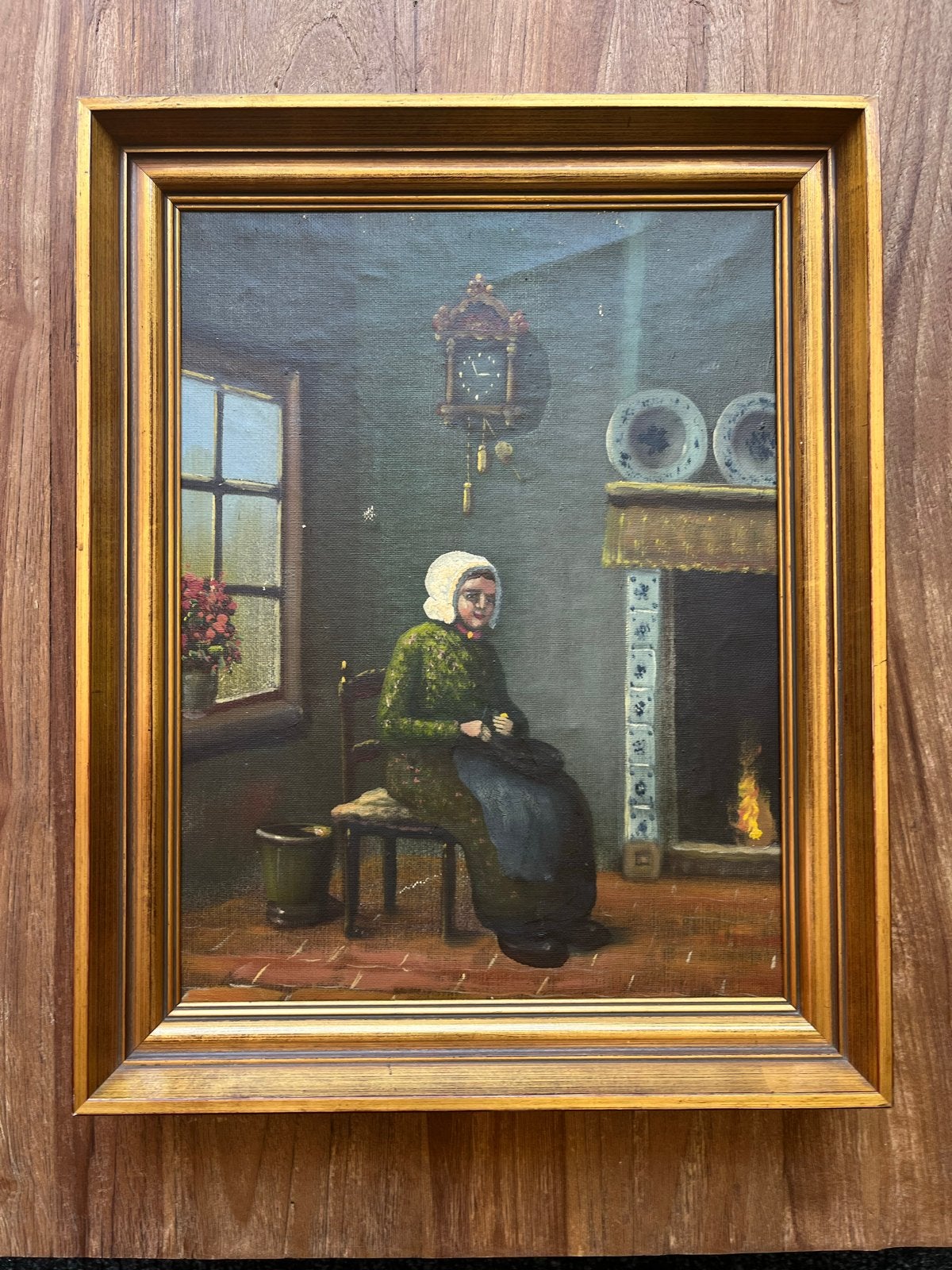 Oud Hollands schilderij: Vrouw bij open haard, Ophalen, Doek, Portret of Personen, Oud hollands