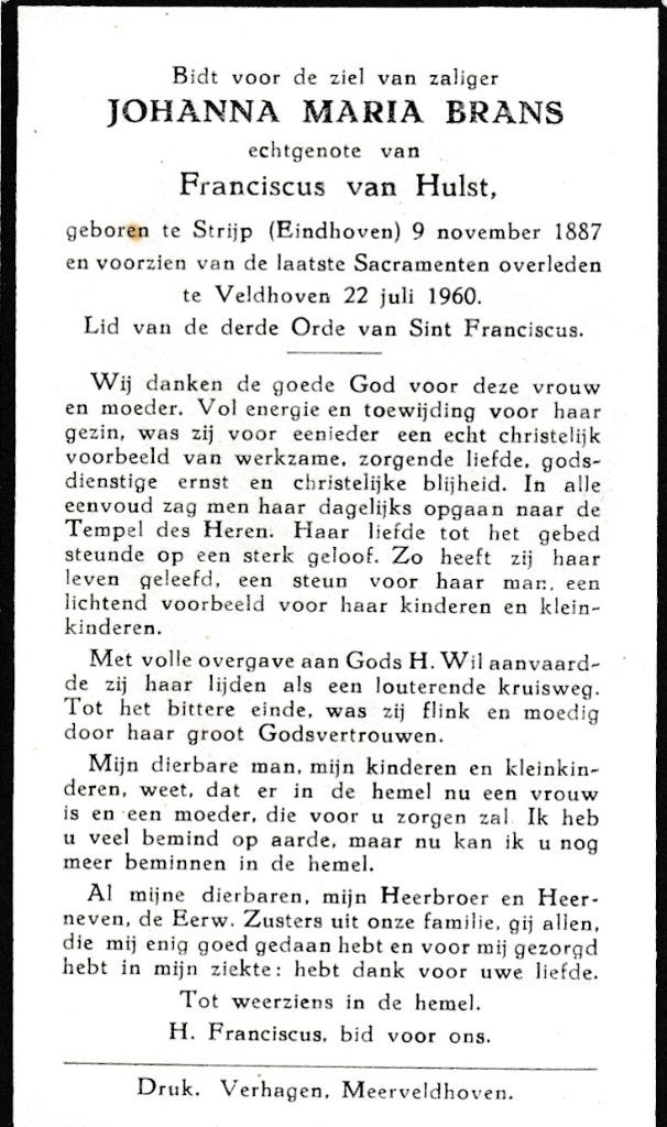 Brands Johanna 1887 Strijp 1960 Veldhoven, Ophalen of Verzenden, Bidprentje