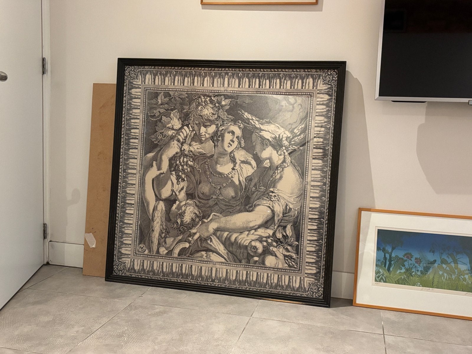 Klassieke Gravure: Drie Gratiën met Bacchus, Antiek en Kunst, Ophalen, Portret of Personen, Klassiek, Print