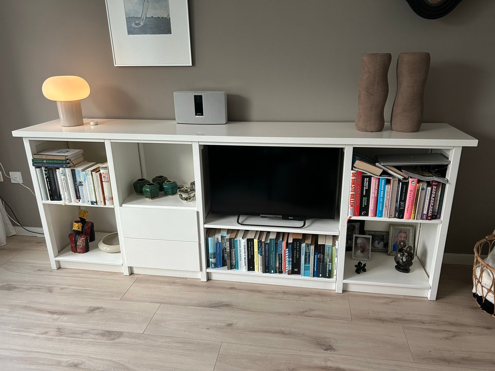 Lundia TV-meubel/Boekenkast, wit gelakt met mass. dekplank, Ophalen, Gebruikt, 200 cm of meer, Minder dan 100 cm