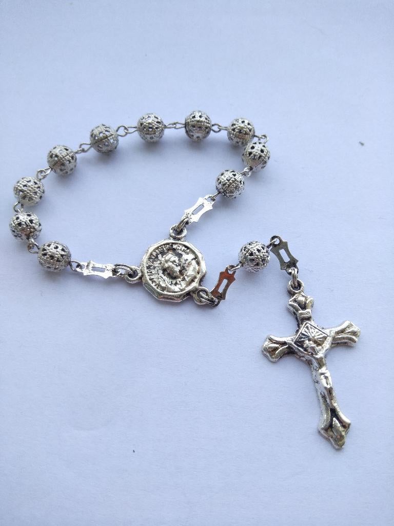 1/10 ROZENKRANS, zilver-legering, ca 13+8 cm, van Padre Pio, Ophalen of Verzenden, Gebruikt, Overige typen, Christendom | Katholiek