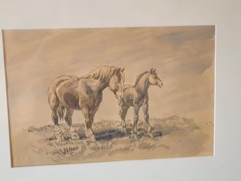 aquarel Paard en veulen fantastische kwaliteit., Antiek en Kunst, Ophalen