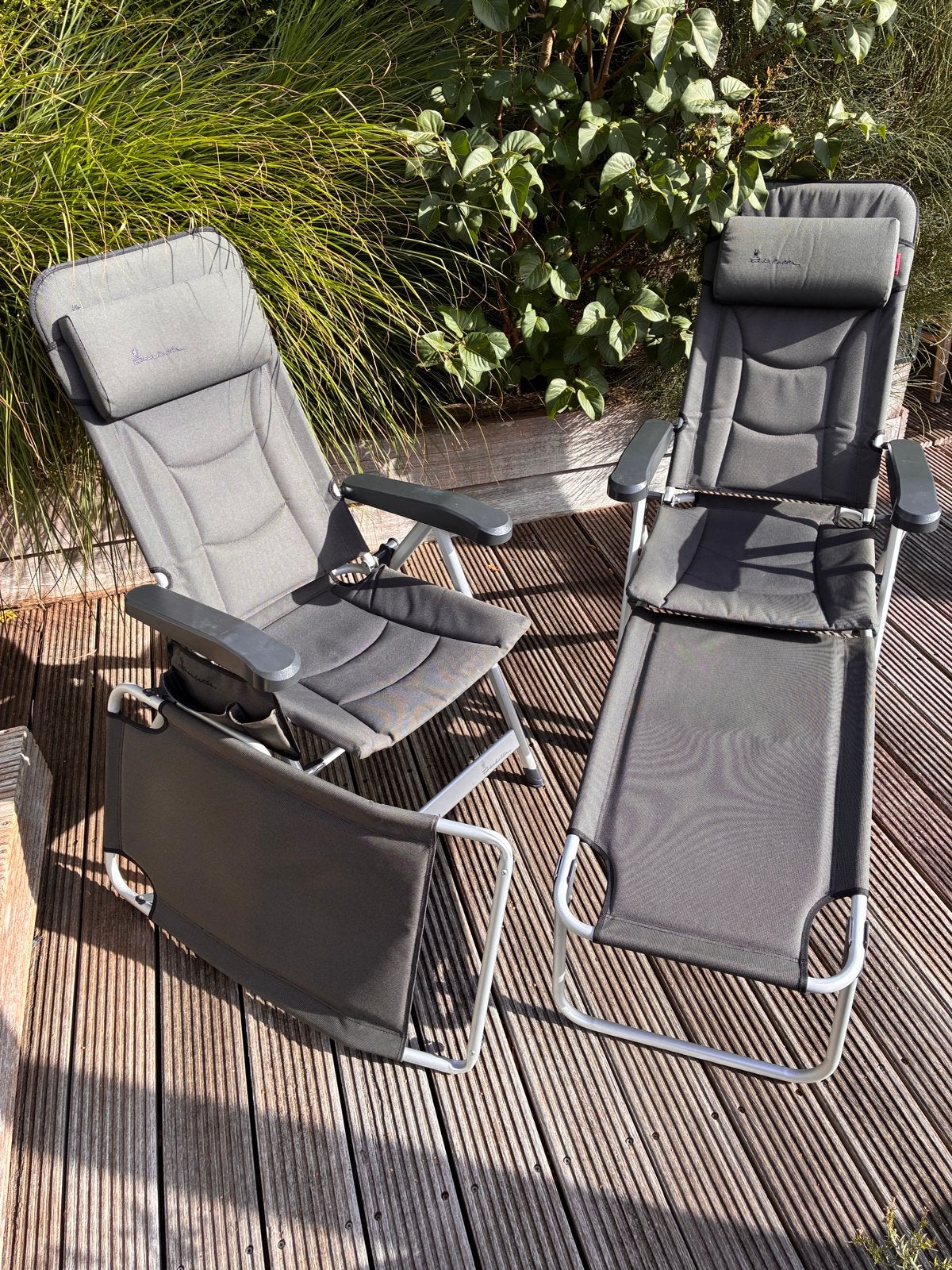 2x Isabella campingstoelen met voetenbank, Tuin en Terras, Tuinstoelen, Ophalen of Verzenden, Zo goed als nieuw, Textileen, Inklapbaar
