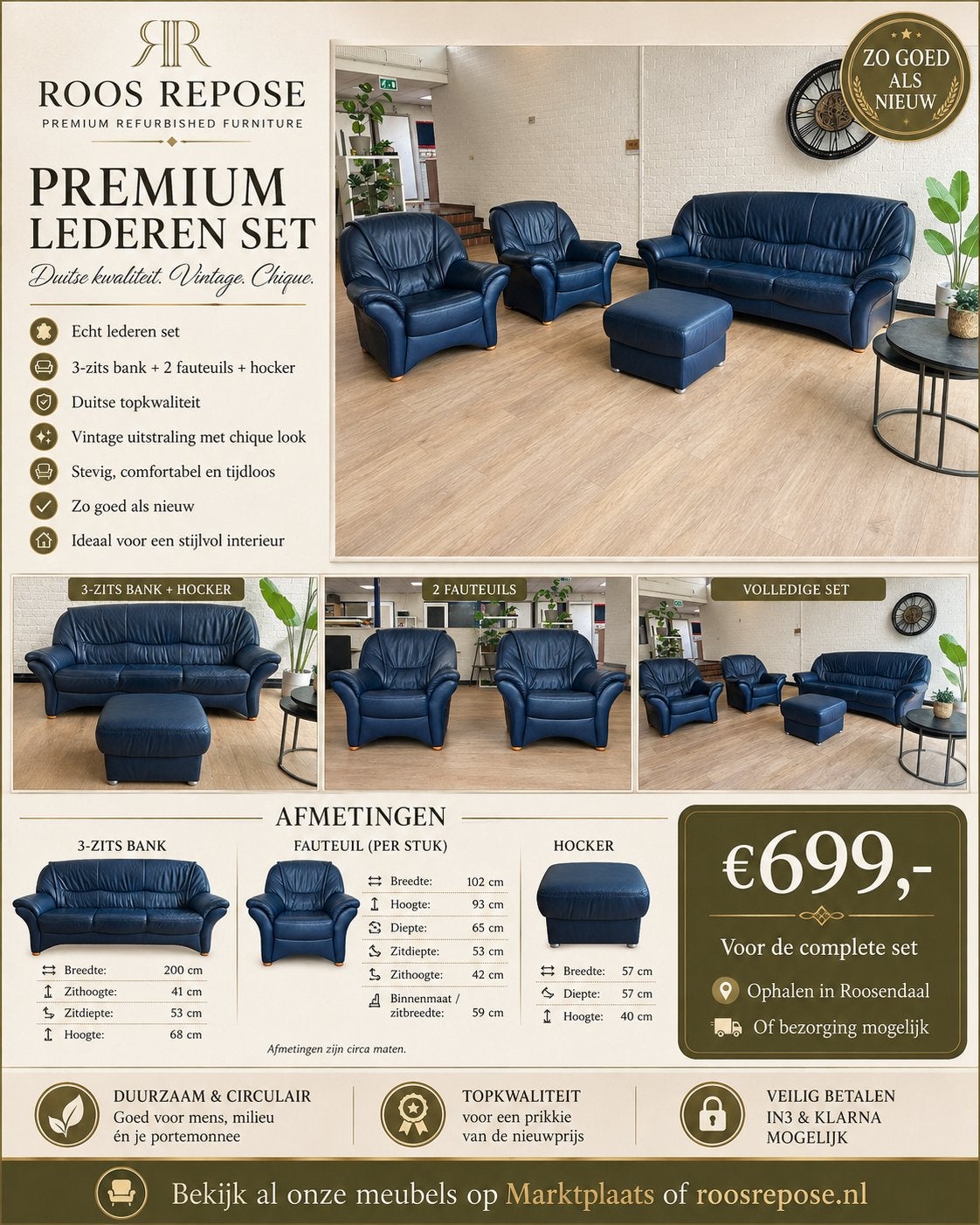 Luxe echt lederen Duitse zitgroep | 3-zits + 2 fauteuils + h, Luxe, Ophalen of Verzenden, Zo goed als nieuw, Rechte bank