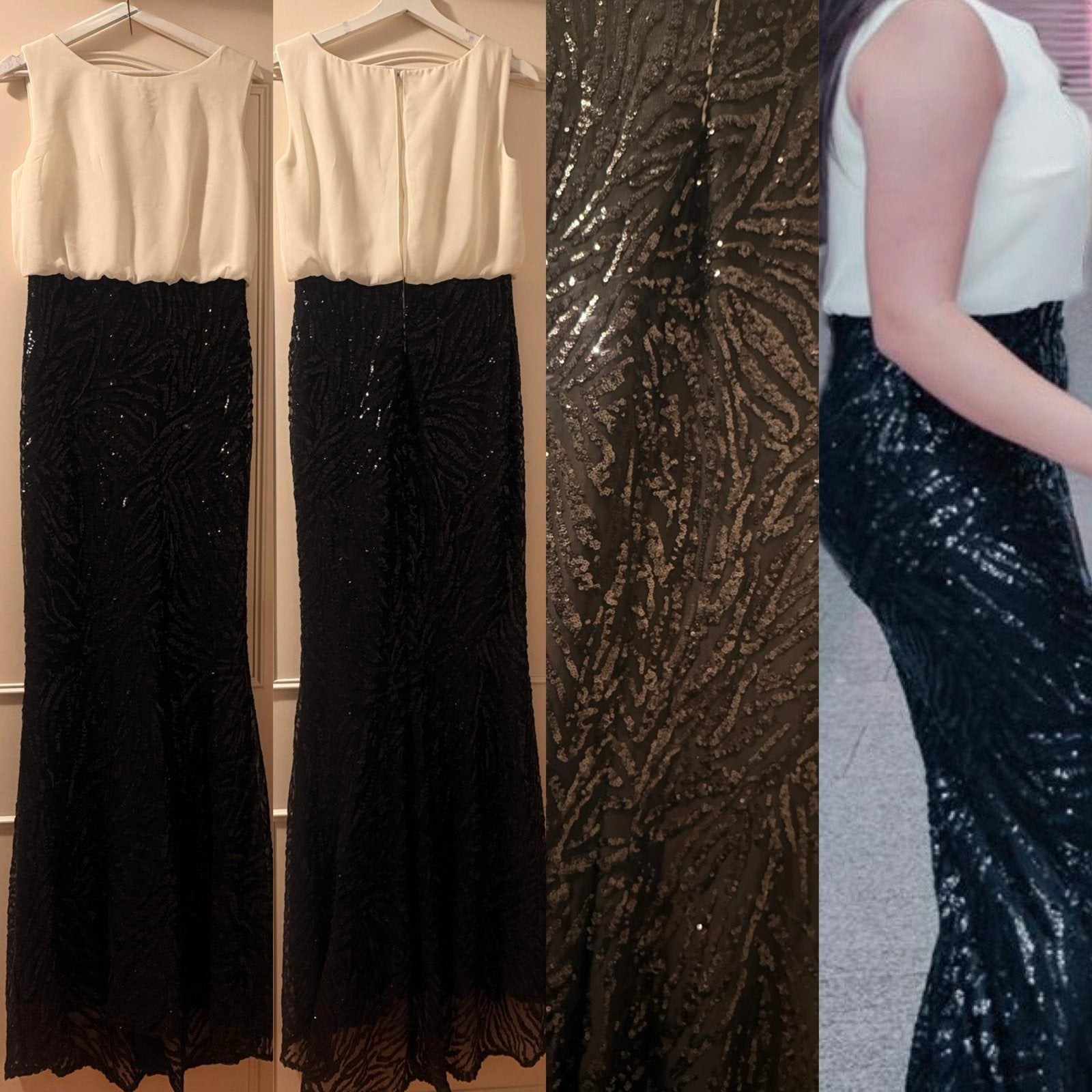 Elegante avondjurk met pailletten - Zwart/Wit, Kleding | Dames, Jurken, Zo goed als nieuw, Maat 38/40 (M), Zwart, Onder de knie