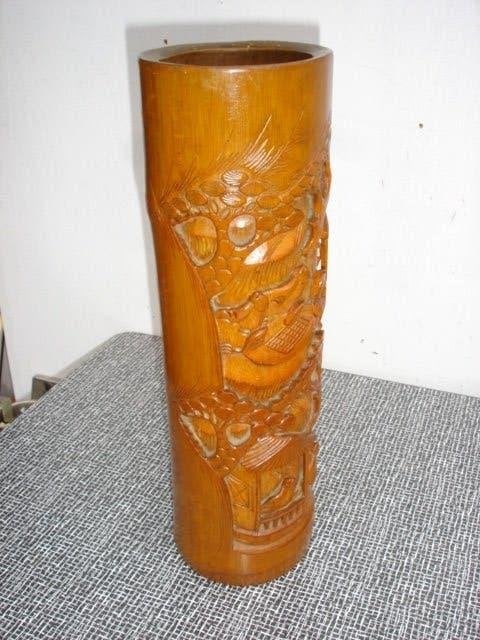 Vintage Chinese bamboe vaas/ penselen-pot snijwerk, Antiek en Kunst, Natuurlijk materiaal, Overige typen, Ophalen of Verzenden