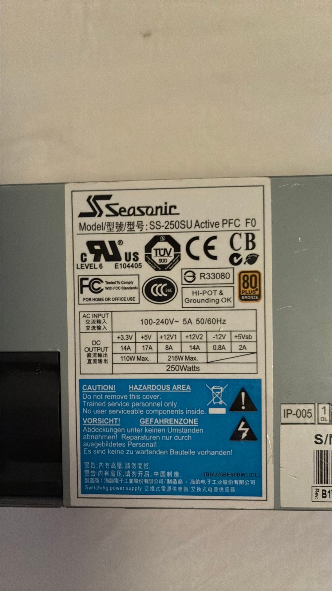 Seasonic 250 watt voeding, Computers en Software, Ophalen of Verzenden, Zo goed als nieuw