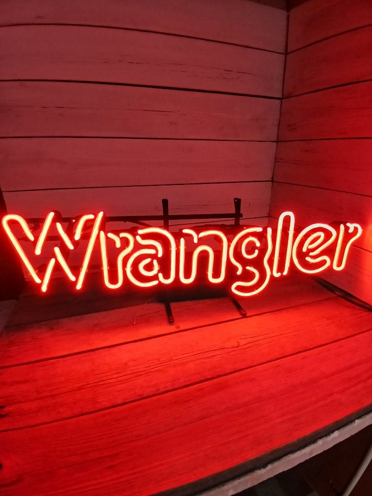 Authentieke Wrangler neon, jaren 70/80, nieuw afgevuld, Verzamelen, Ophalen, Lichtbak of (neon) lamp, Onbekend, Zo goed als nieuw