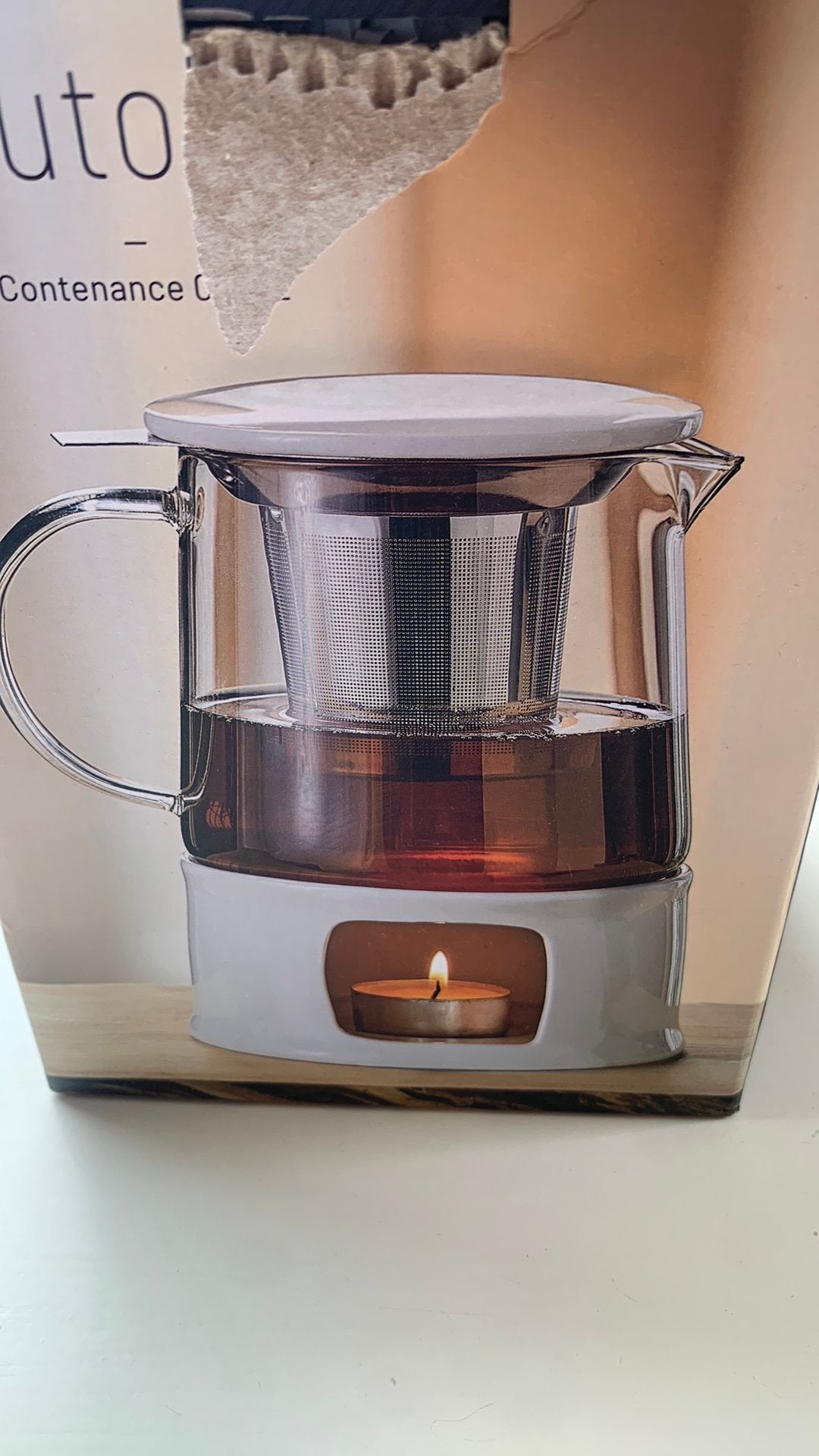 Leuke glazen theepot op wit theelicht met zeefje., Glas of Glazen, Nieuw, Ophalen of Verzenden, Glas