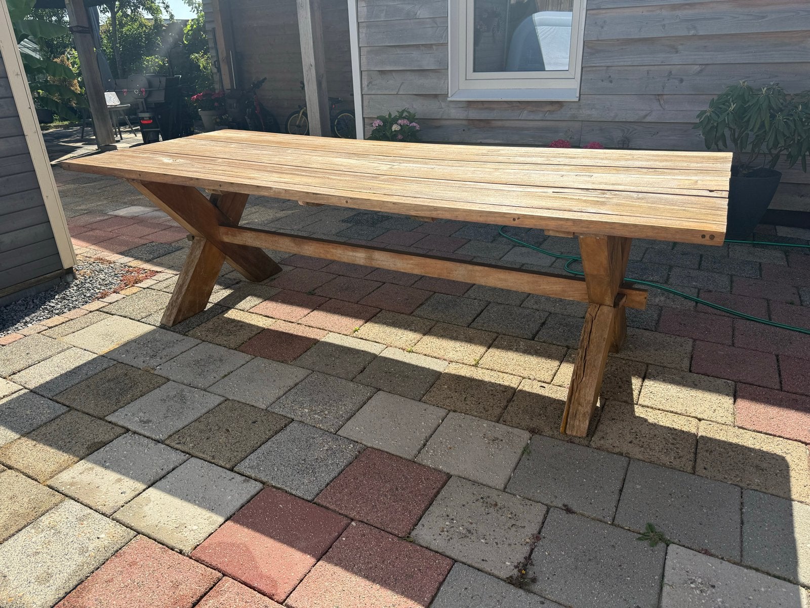 Grote teakhouten buitentafel 250x100cm, Tuin en Terras, Tuintafels, Ophalen, Gebruikt, Rechthoekig, Teakhout