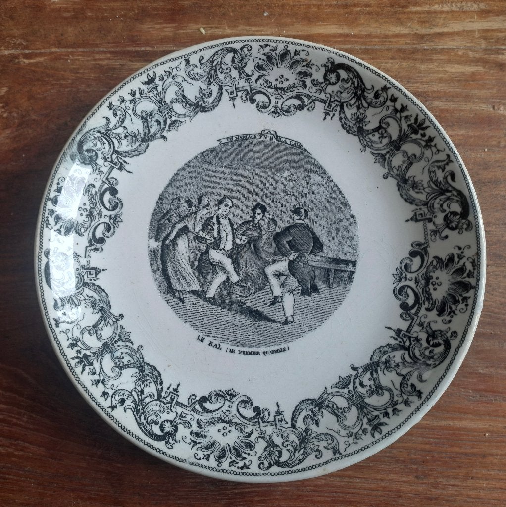 Antiek frans (ontbijt) bordje Un Mariage/Le Bal, Ophalen of Verzenden