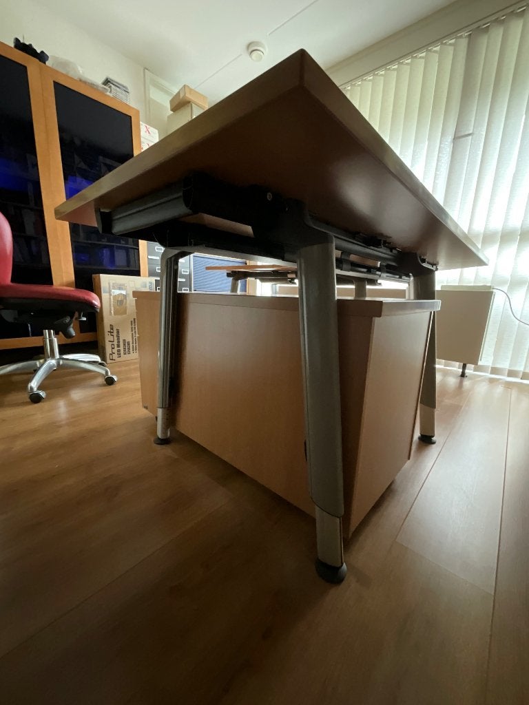 Bureau + bureaustoel + rolcontainer + kasten, Huis en Inrichting, Ophalen, 150 cm, Hout, Hoekbureau