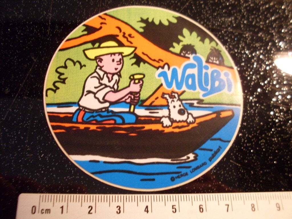 sticker walibi Kuifje en Bobbie in een kano ola ijs vintage, Verzamelen, Verzenden, Zo goed als nieuw, Strip of Tekenfilm